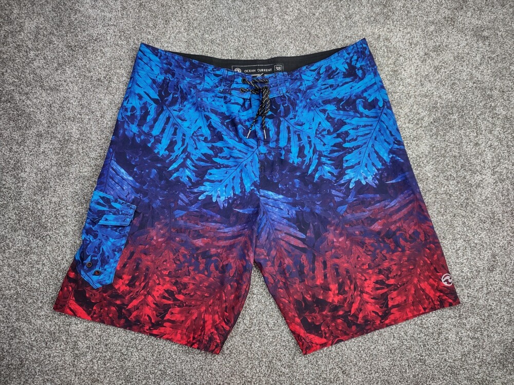 Ocean Current Board Shorts Men 38 Red Blue Palm Tie Dye Hybrid Swim Surf Beach